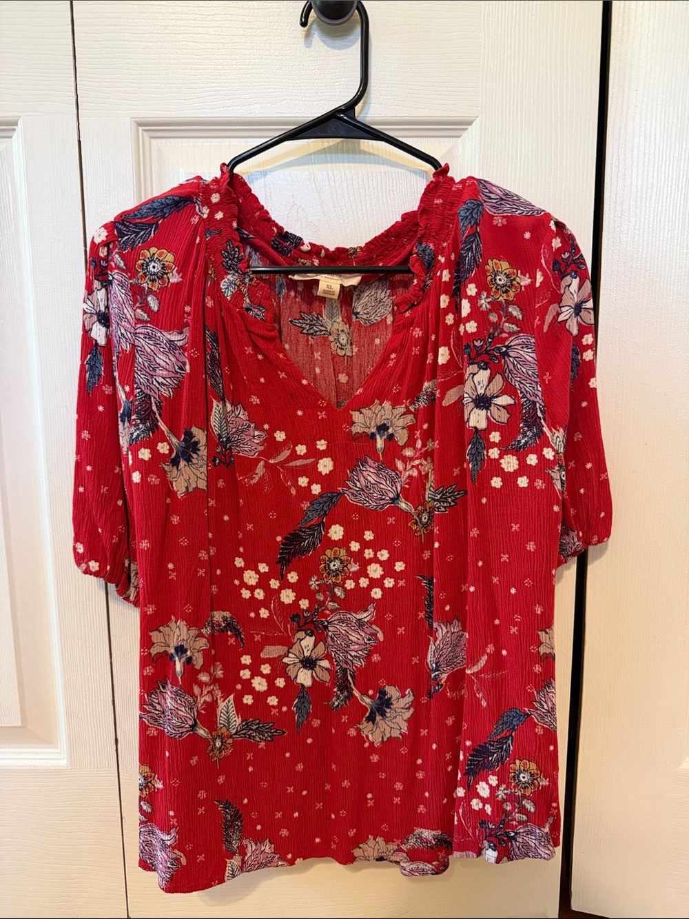 Red Floral V-Neck Women's Top